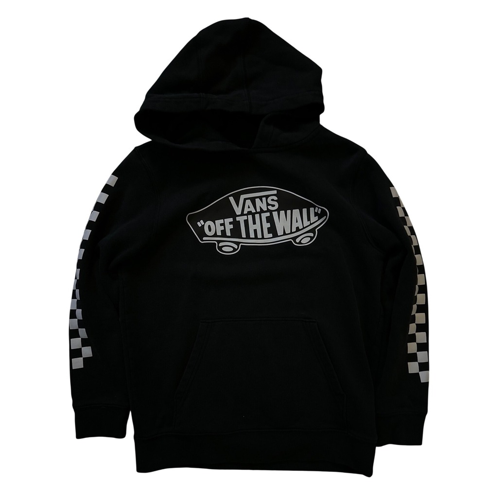 Vans Off The Wall Hoodie Black Checkerboard Sleeve Pullover Sweatshirt Medium